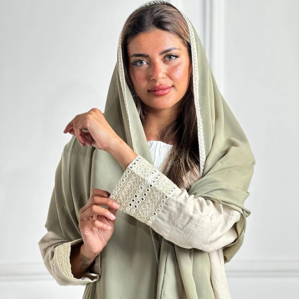 Cream and Green Abaya