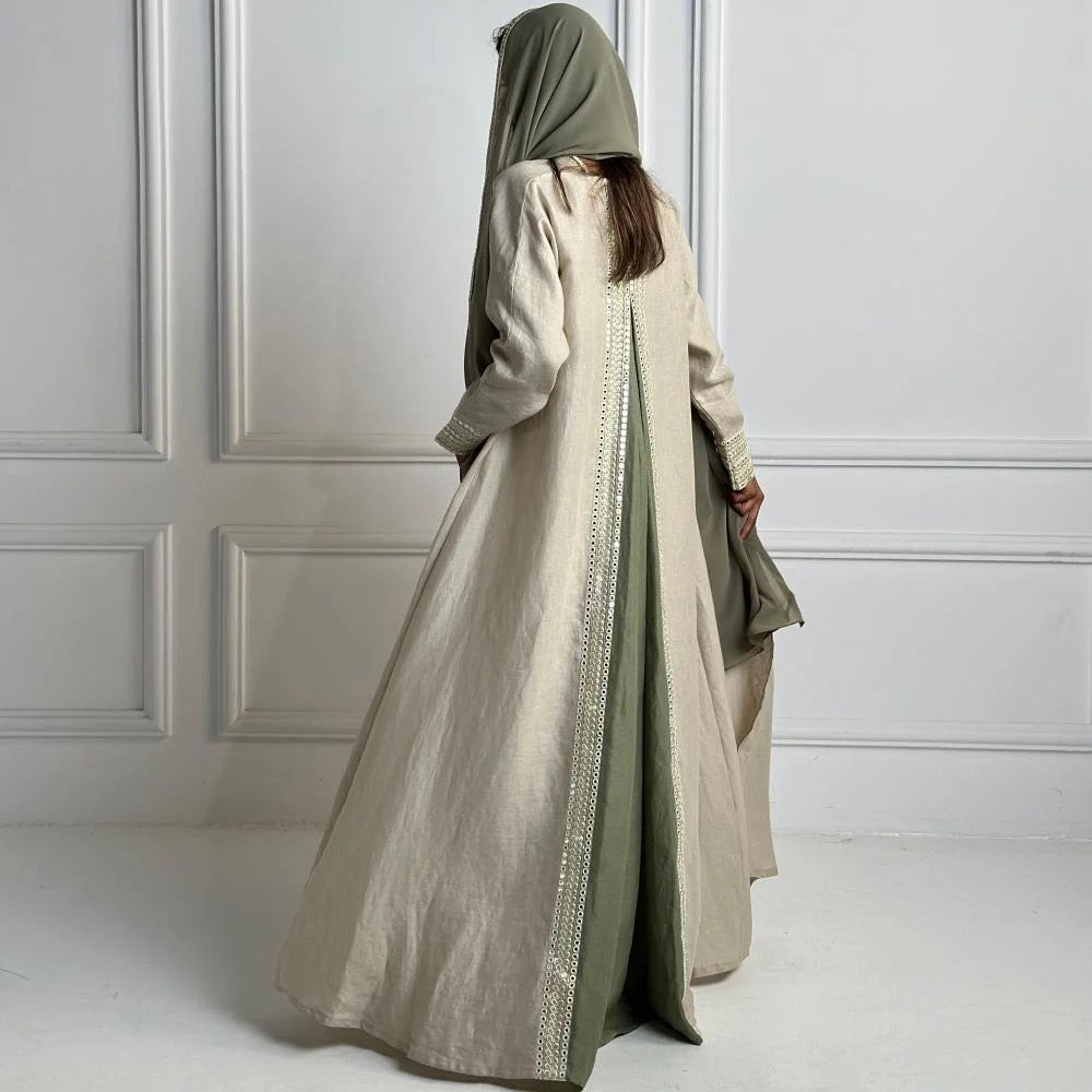 Cream and Green Abaya