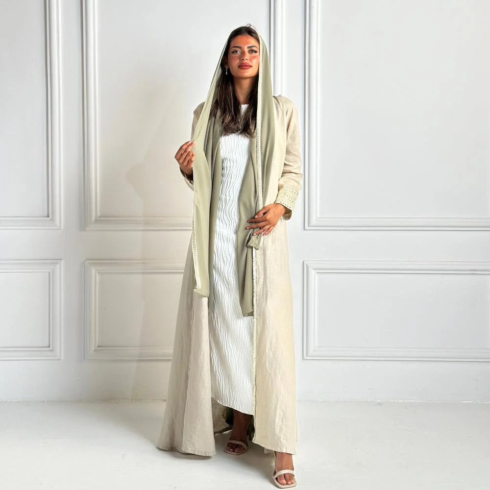 Cream and Green Abaya