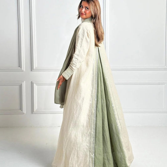 Cream and Green Abaya